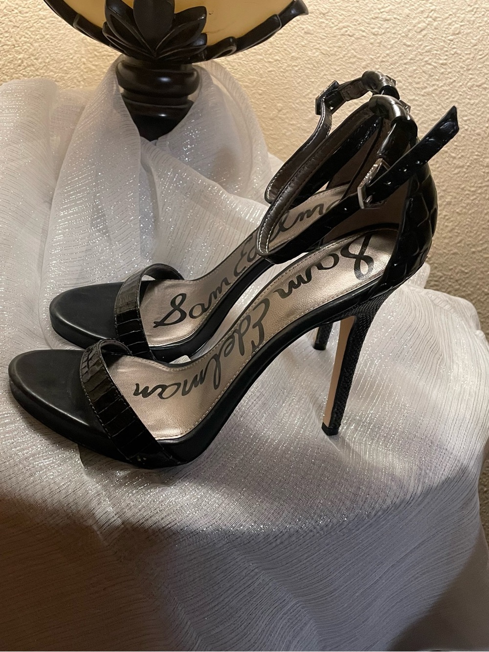 Sam Edelman Black Patent Leather Ankle-Strap Stiletto Heels